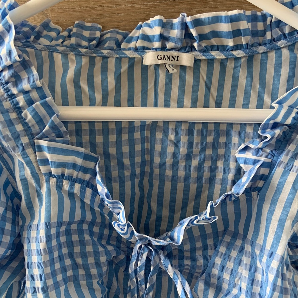 Ganni Blue Striped Ruffle Blouse - Picture 2 of 6